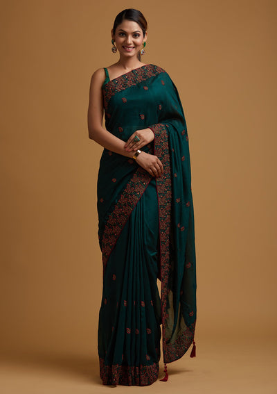 Bottle Green Threadwork Art Silk Designer Saree - koskii