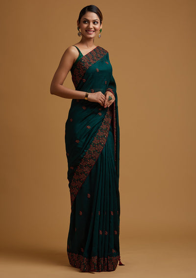 Bottle Green Threadwork Art Silk Designer Saree - koskii
