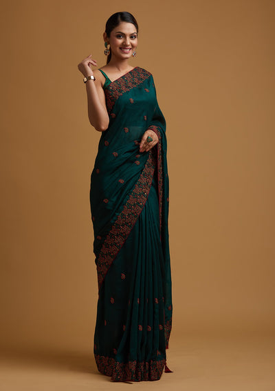 Bottle Green Threadwork Art Silk Designer Saree - koskii