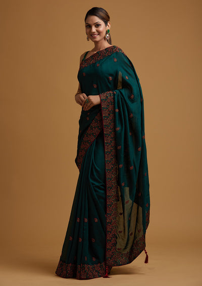 Bottle Green Threadwork Art Silk Designer Saree - koskii