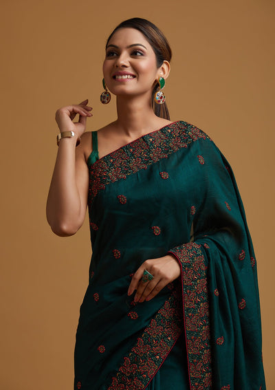 Bottle Green Threadwork Art Silk Designer Saree - koskii