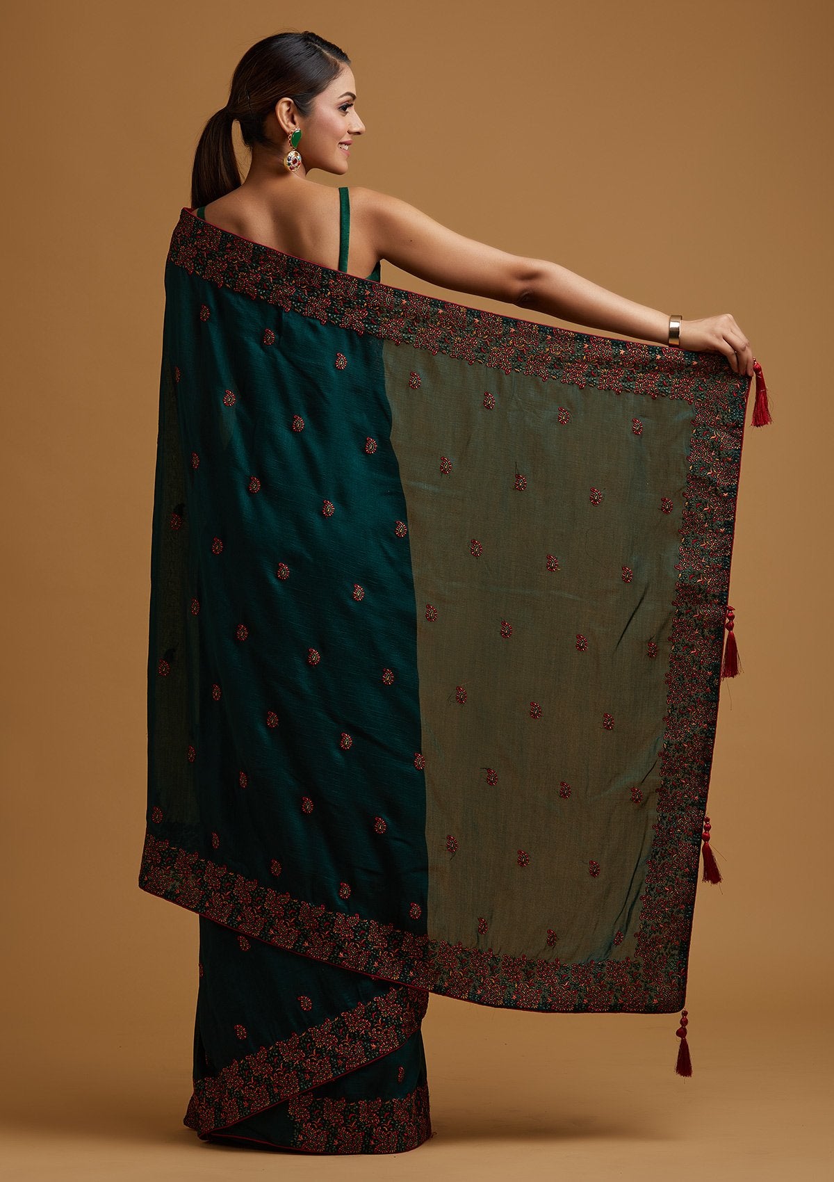 Bottle Green Threadwork Art Silk Designer Saree - koskii