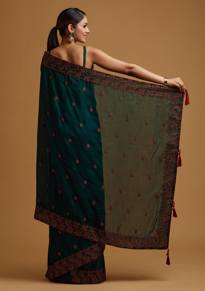 Bottle Green Threadwork Art Silk Designer Saree - koskii