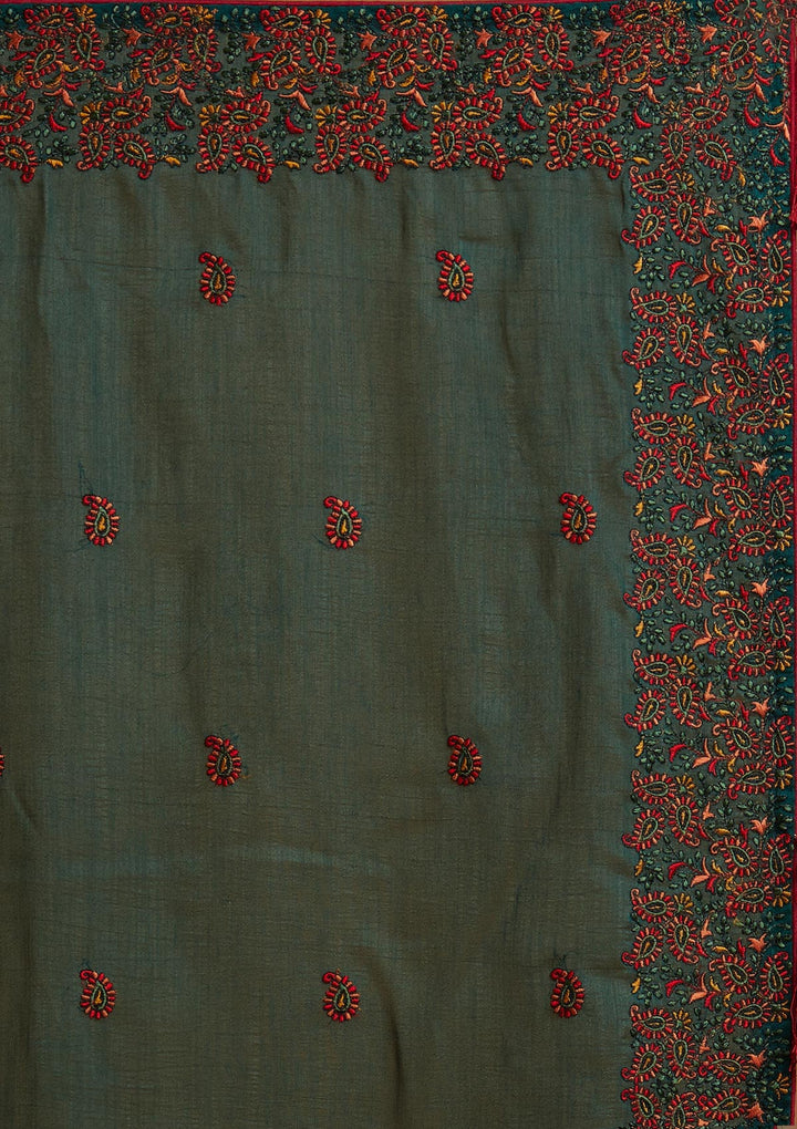 Bottle Green Threadwork Art Silk Designer Saree - koskii