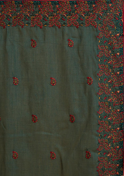 Bottle Green Threadwork Art Silk Designer Saree - koskii