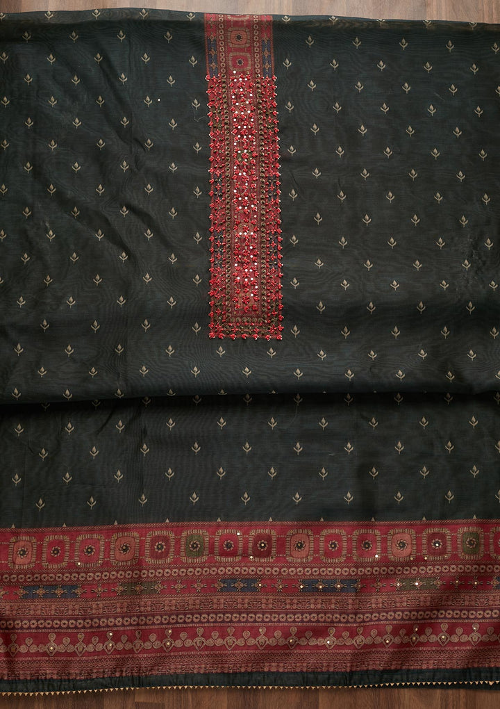 Bottle Green Threadwork Chanderi Unstitched Salwar Suit - Koskii
