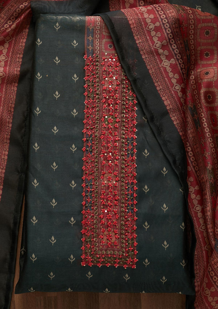 Bottle Green Threadwork Chanderi Unstitched Salwar Suit - Koskii