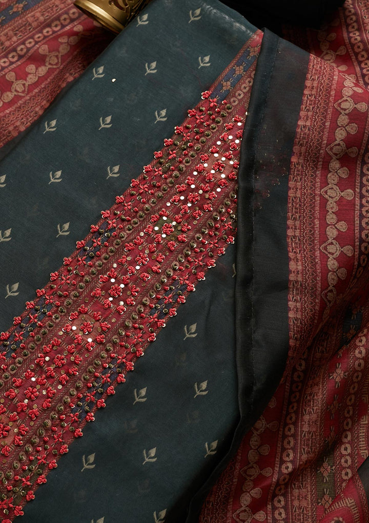 Bottle Green Threadwork Chanderi Unstitched Salwar Suit - Koskii
