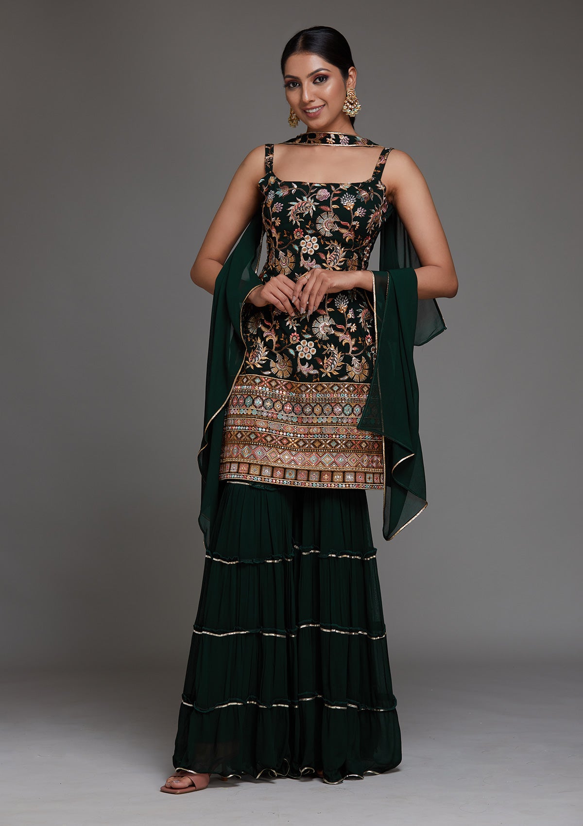 Bottle Green Threadwork Georgette Designer Salwar Suit- Koskii