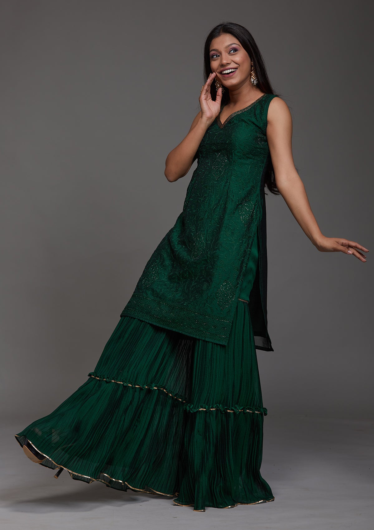 Bottle Green Threadwork Semi Crepe Designer Salwar Suit-Koskii
