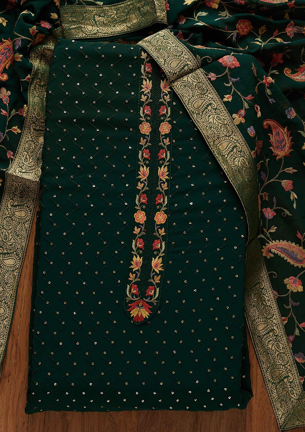 Bottle Green Threadwork Georgette Designer Unstitched Salwar Suit - koskii