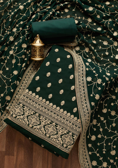 Bottle Green Threadwork Georgette  Unstitched Salwar Suit- Koskii