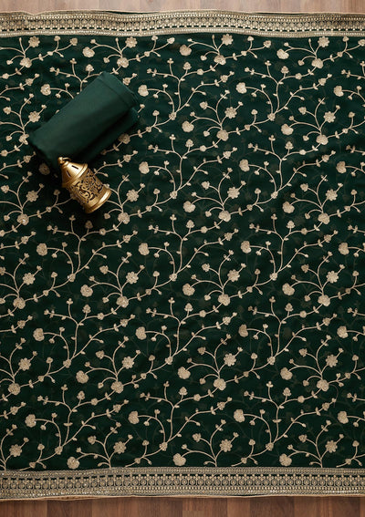 Bottle Green Threadwork Georgette  Unstitched Salwar Suit - Koskii