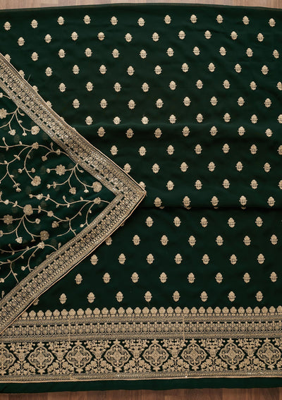 Bottle Green Threadwork Georgette  Unstitched Salwar Suit - Koskii