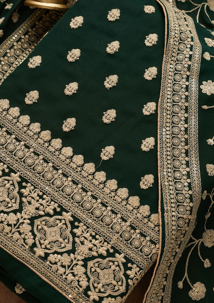 Bottle Green Threadwork Georgette  Unstitched Salwar Suit - Koskii