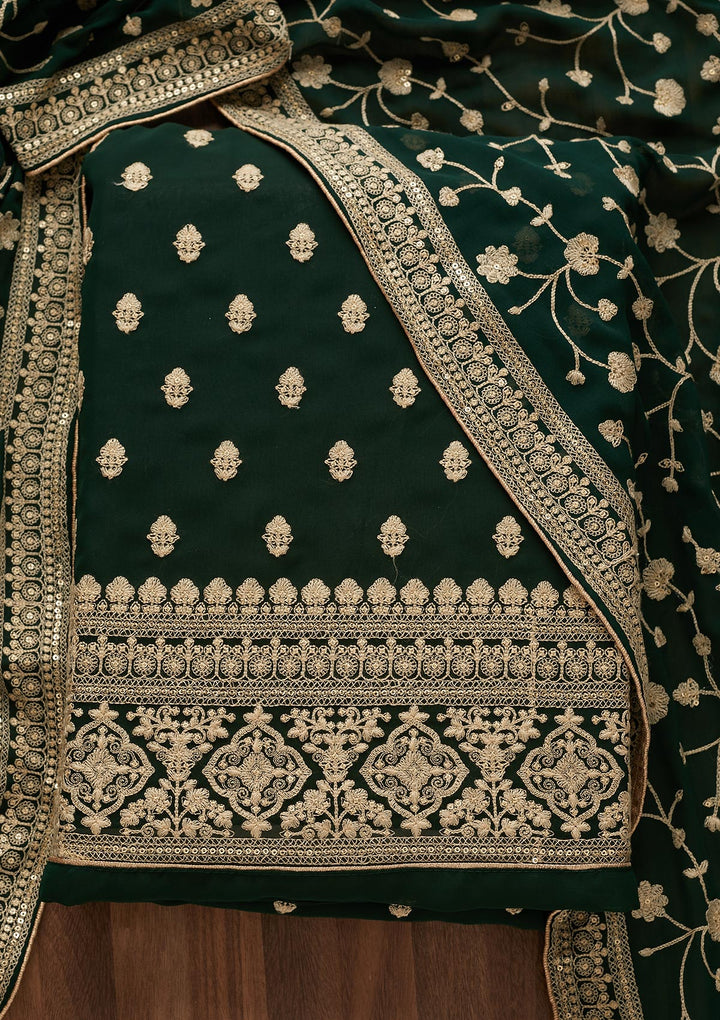 Bottle Green Threadwork Georgette  Unstitched Salwar Suit - Koskii