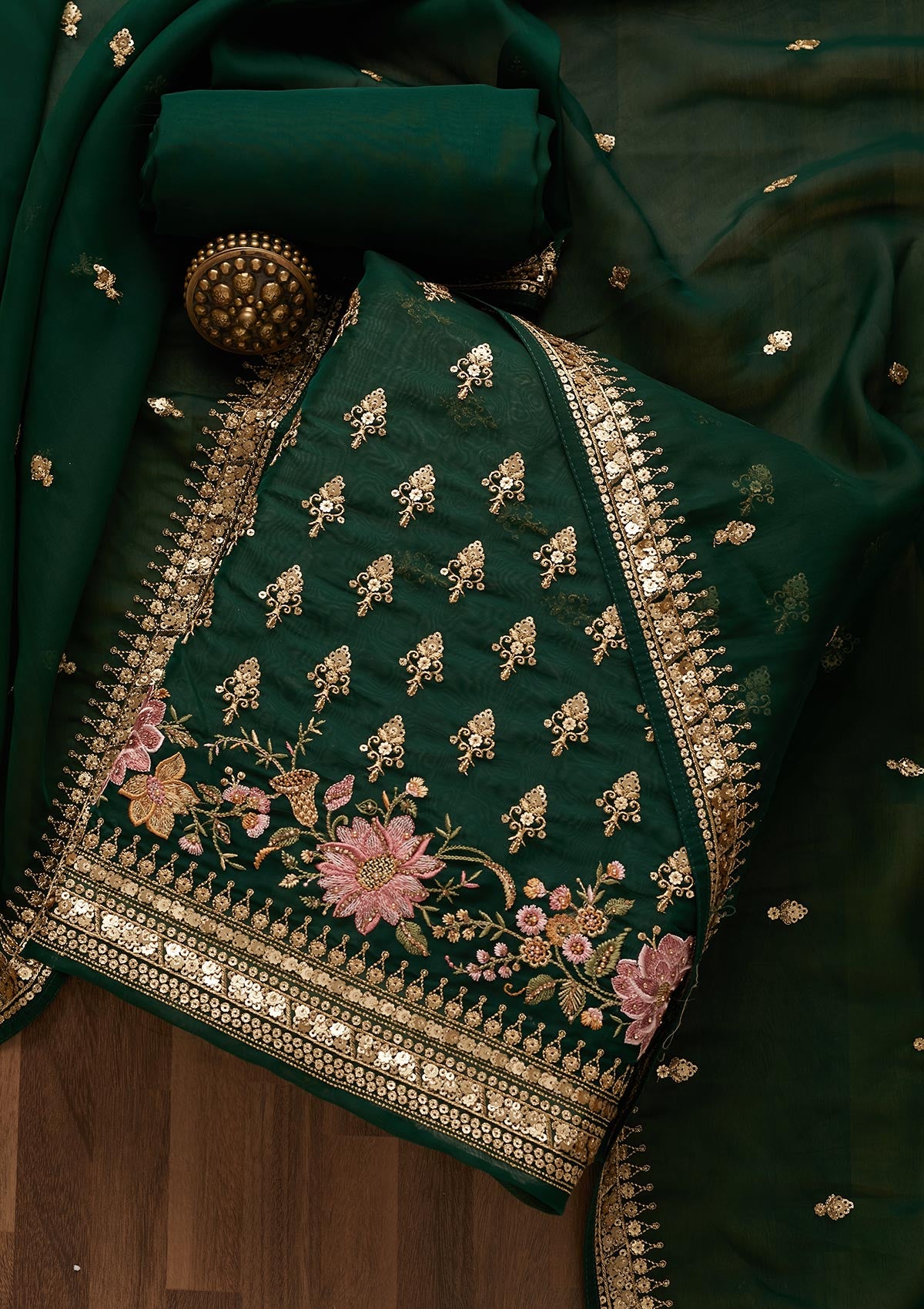 Bottle Green Threadwork Georgette Unstitched Salwar Suit-Koskii