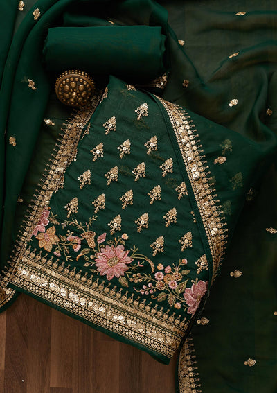 Bottle Green Threadwork Georgette Unstitched Salwar Suit-Koskii