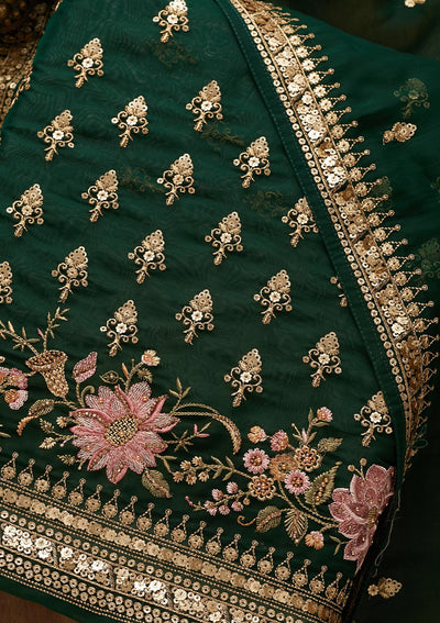 Bottle Green Threadwork Georgette Unstitched Salwar Suit-Koskii