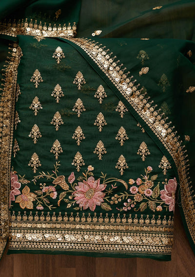 Bottle Green Threadwork Georgette Unstitched Salwar Suit-Koskii