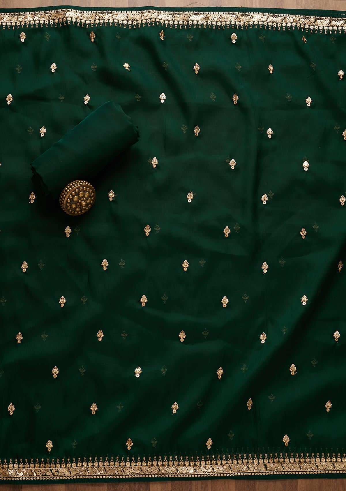Bottle Green Threadwork Georgette Unstitched Salwar Suit-Koskii