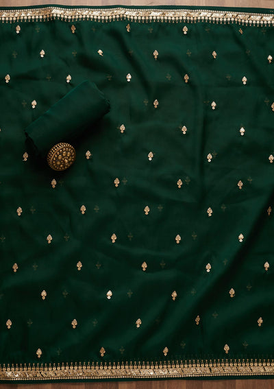 Bottle Green Threadwork Georgette Unstitched Salwar Suit-Koskii