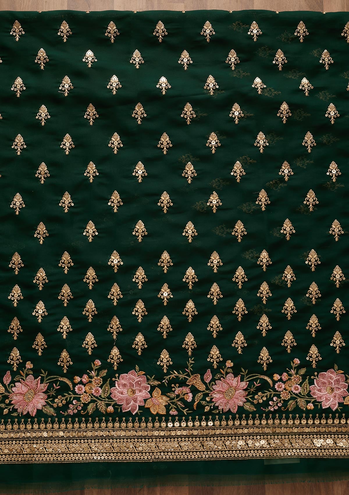 Bottle Green Threadwork Georgette Unstitched Salwar Suit-Koskii