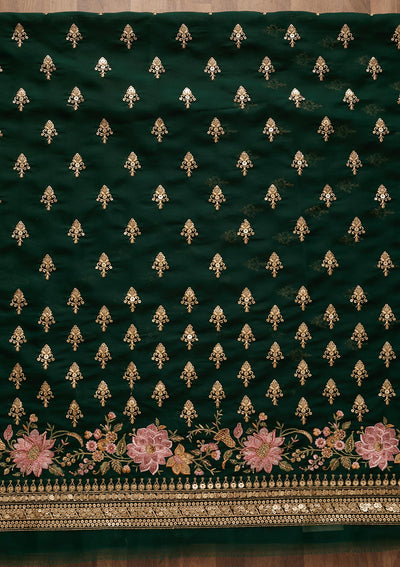 Bottle Green Threadwork Georgette Unstitched Salwar Suit-Koskii