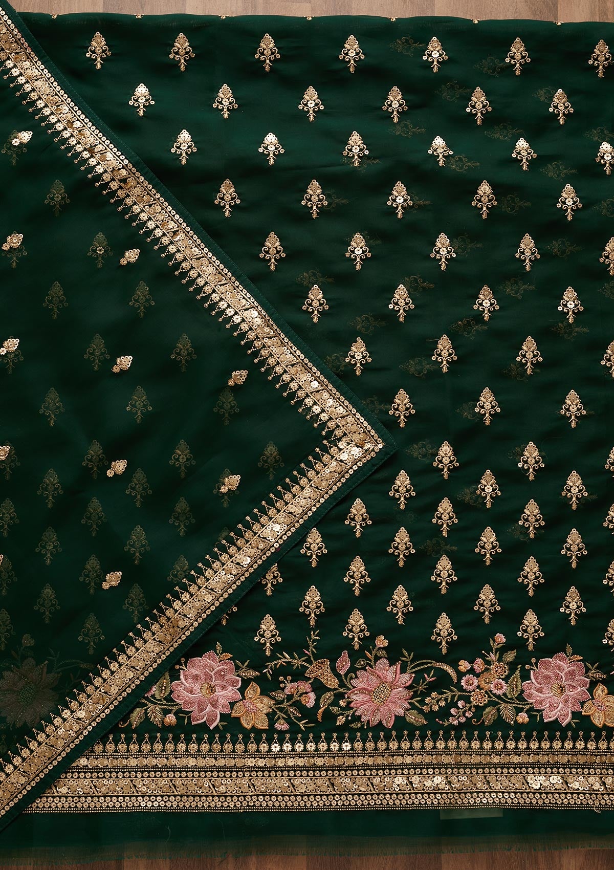 Bottle Green Threadwork Georgette Unstitched Salwar Suit-Koskii