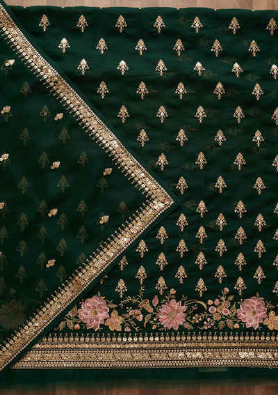 Bottle Green Threadwork Georgette Unstitched Salwar Suit-Koskii