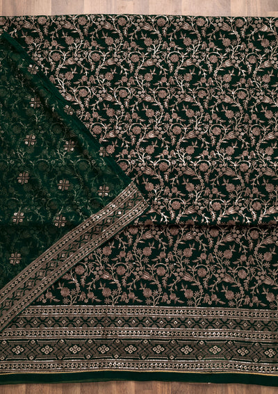 Bottle Green Threadwork Georgette Unstitched Salwar Suit-Koskii