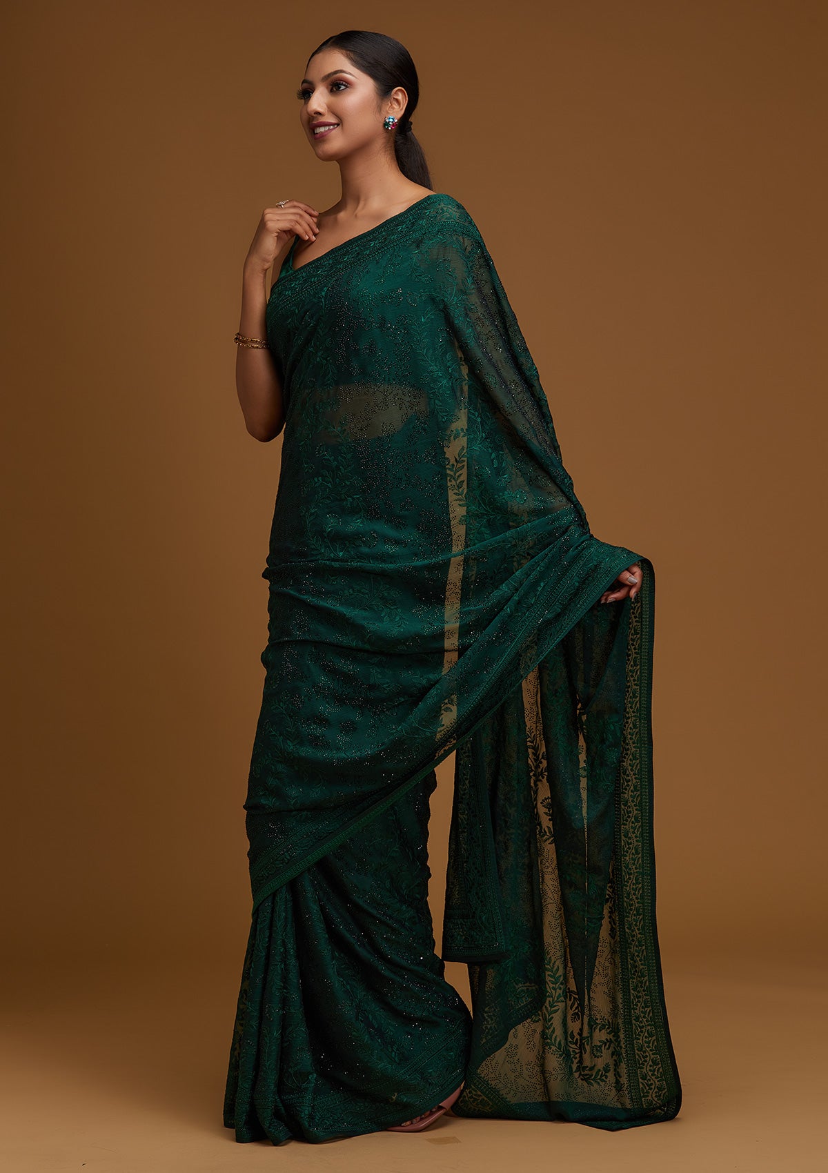 Bottle Green Threadwork Georgette Designer Saree - Koskii