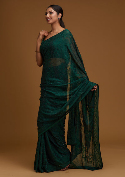Bottle Green Threadwork Georgette Designer Saree - Koskii