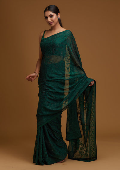 Bottle Green Threadwork Georgette Designer Saree - Koskii