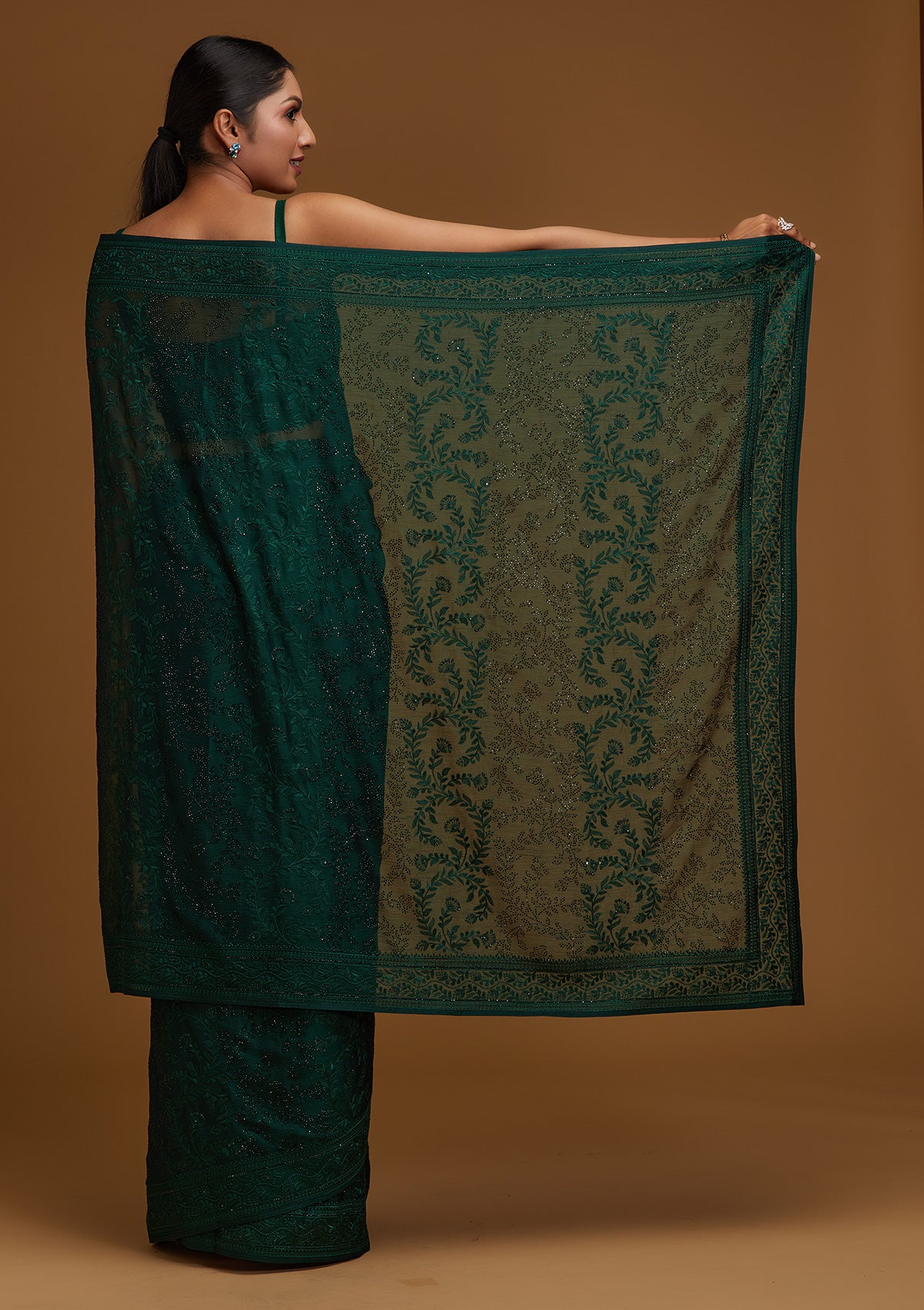 Bottle Green Threadwork Georgette Designer Saree - Koskii