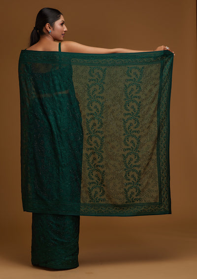 Bottle Green Threadwork Georgette Designer Saree - Koskii