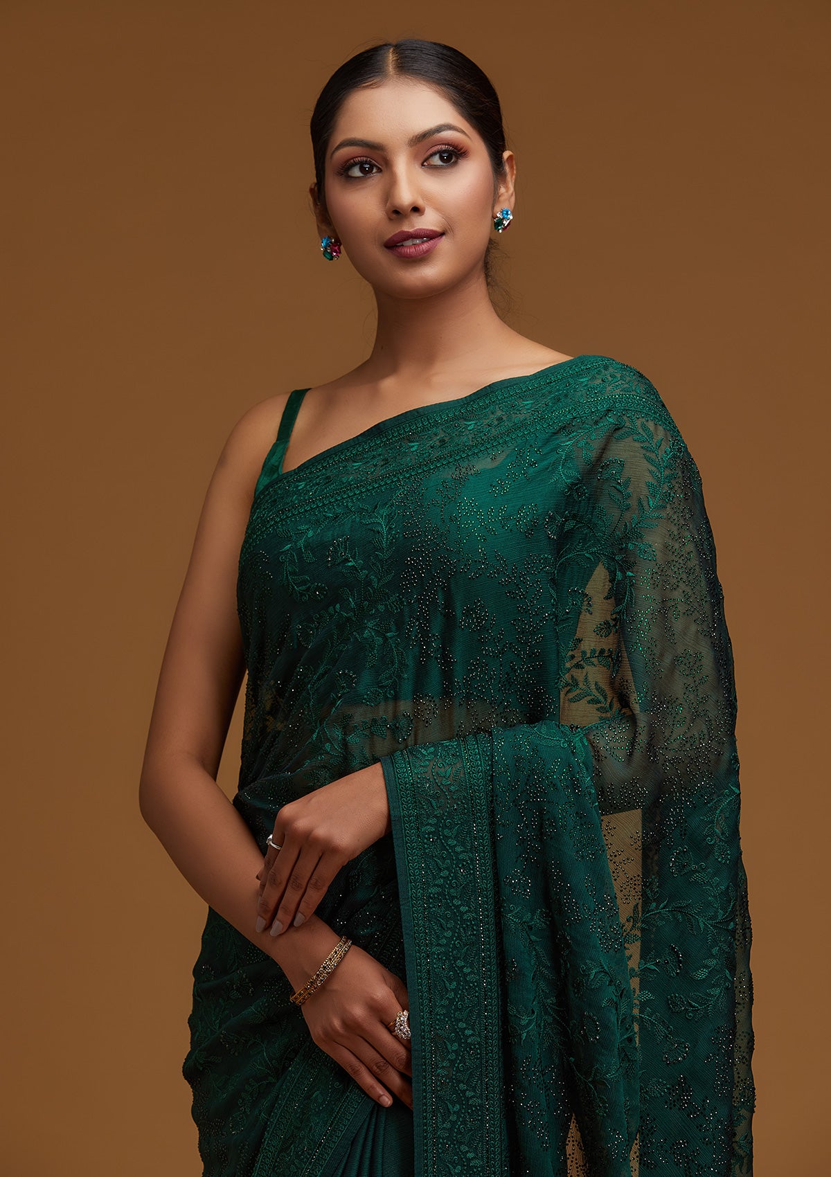 Bottle Green Threadwork Georgette Designer Saree - Koskii
