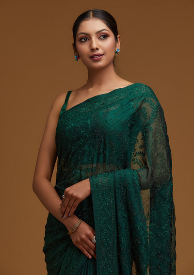 Bottle Green Threadwork Georgette Designer Saree - Koskii