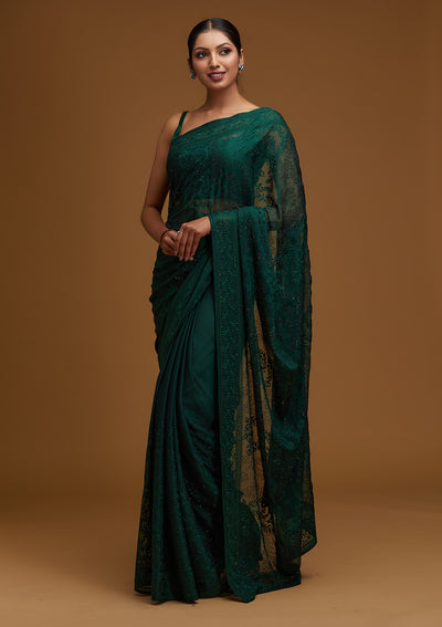 Bottle Green Threadwork Georgette Designer Saree - Koskii