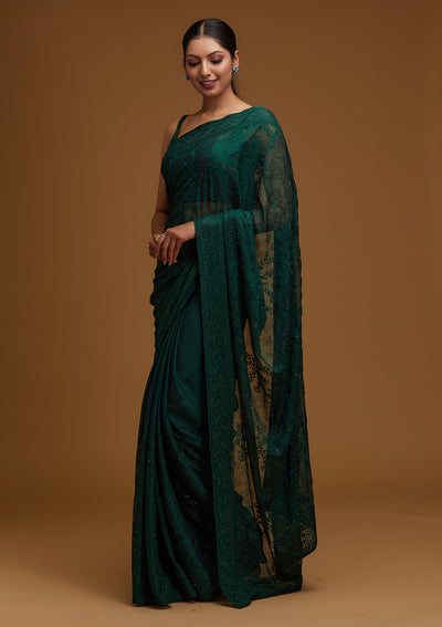 Bottle Green Threadwork Georgette Designer Saree - Koskii