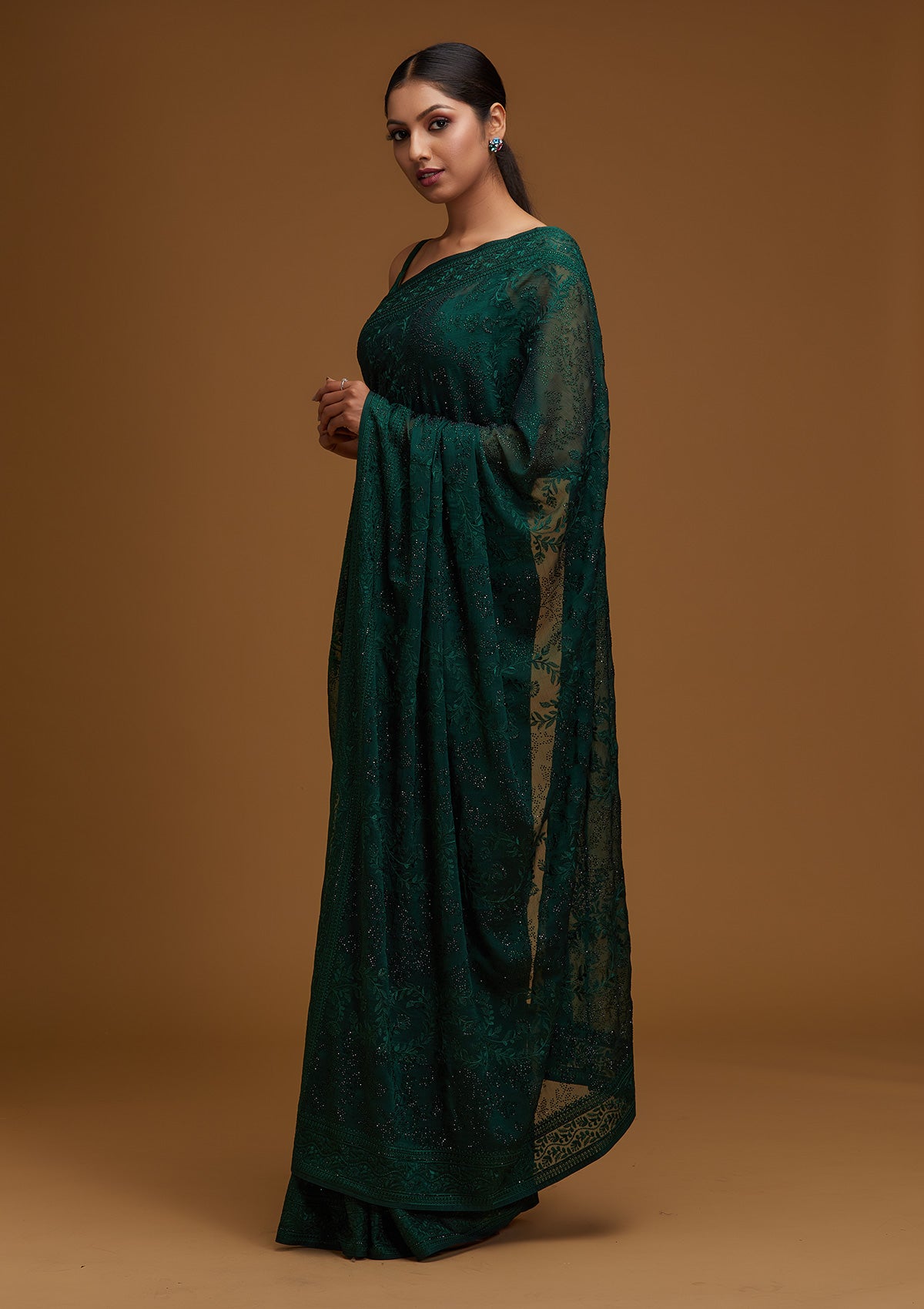 Bottle Green Threadwork Georgette Designer Saree - Koskii