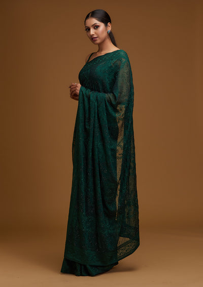 Bottle Green Threadwork Georgette Designer Saree - Koskii