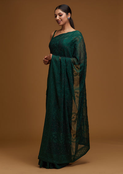 Bottle Green Threadwork Georgette Designer Saree - Koskii