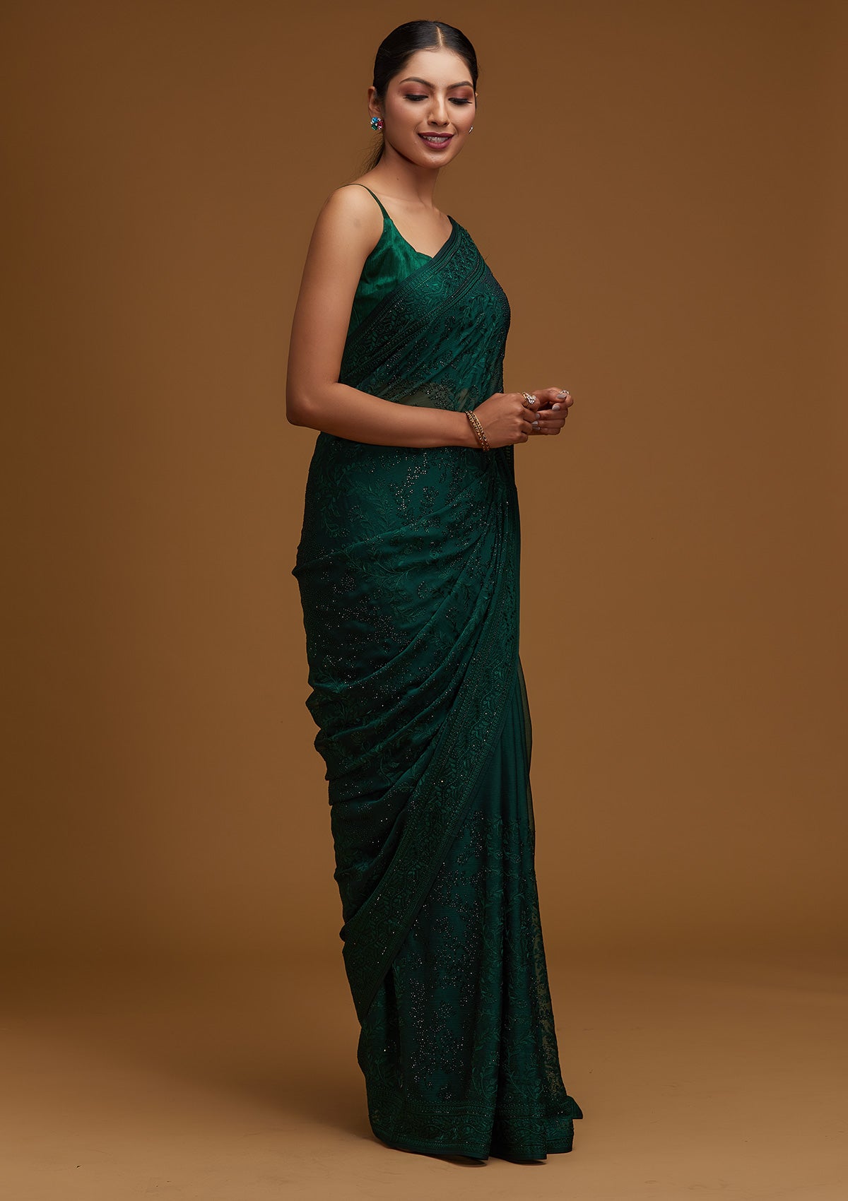 Bottle Green Threadwork Georgette Designer Saree - Koskii
