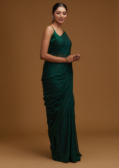 Bottle Green Threadwork Georgette Designer Saree - Koskii