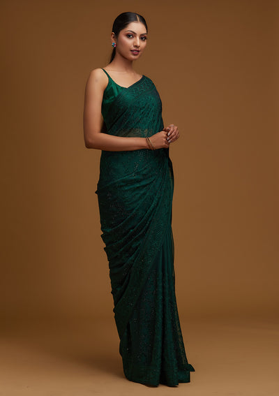 Bottle Green Threadwork Georgette Designer Saree - Koskii