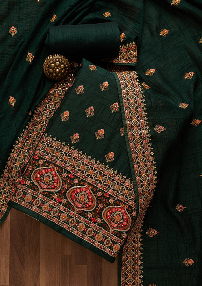 Bottle Green Threadwork Raw Silk Unstitched Salwar Suit-Koskii