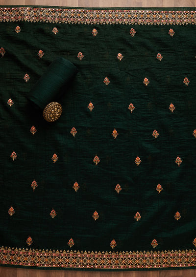 Bottle Green Threadwork Raw Silk Unstitched Salwar Suit-Koskii