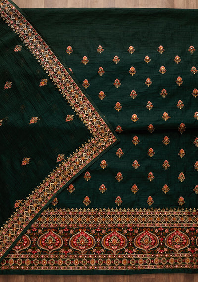 Bottle Green Threadwork Raw Silk Unstitched Salwar Suit-Koskii