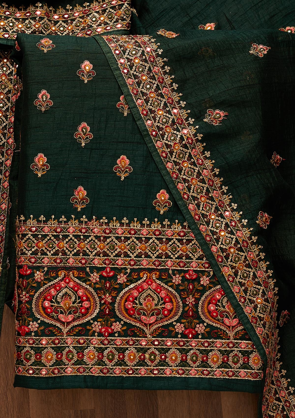 Bottle Green Threadwork Raw Silk Unstitched Salwar Suit-Koskii